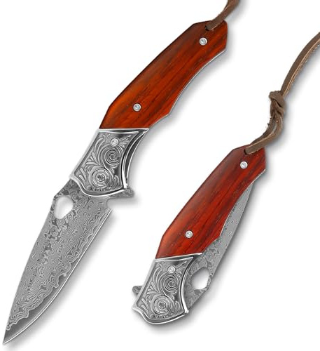 FOCUHUNTER Cuchillo Plegable, 3,15 Hoja de Acero de Damasco, Cuchillo Plegable con Mango de Madera, Cuchillos Compactos de Supervivencia para Acampar al Aire Libre Senderismo