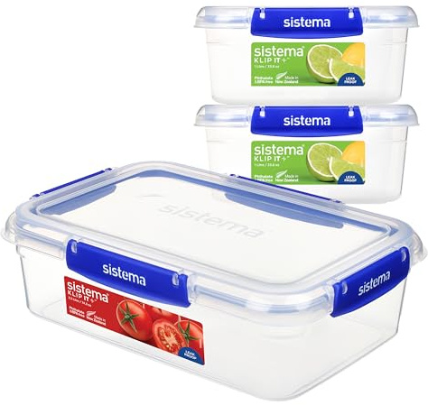 Sistema KLIP Recipientes herméticos para comida IT PLUS | 2 x 1L y 2,2 L | Recipientes con tapa herméticosapilables y encajables | Fiambreras escolares | Sin BPA | 3 unidades