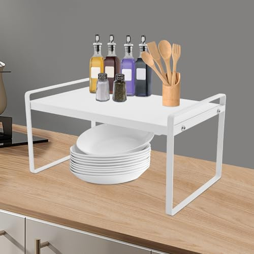 DUOSAMY Erweiterbarer Küchenregal, Teleskop Schrankeinsatz Schrankregal, Ablage Organizer Regaleinsatz 1 Ablagen 36-60cm, für Küche Theken Speisekammer Badezimmer, Weiß