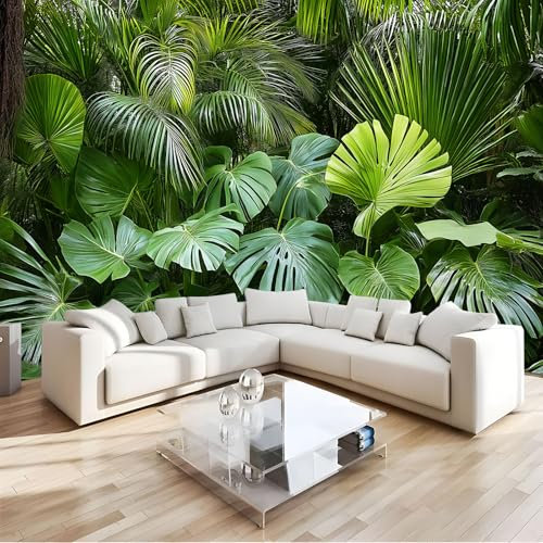 Papel Tapiz Fotográfico, Papel Tapiz Exuberante Selva 3D Tropical Plantas Mural, 300Anx210Al cm Cafe Restaurant Dormitorio Decoración para el Hoga Murales Pintado Fotomural