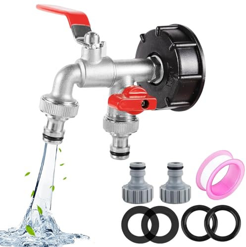 Robinet Cuve 1000L S60X6 IBC Double Sortie 1/2 avec Raccord de Tuyau - Adaptateur de Réservoir en Alliage d'Aluminium et Adaptateur en Plastique pour Jardin
