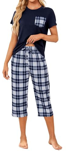 TeJoyce Pyjama Femme Court Été, Deux Pièces Vêtements de Nuit Rayonne, Ensembles Manches Courtes et Carreaux Pantalon 3/4 avec Poche, Léger et Respirant Loungewear pour Dormir (Bleu Marine, M)