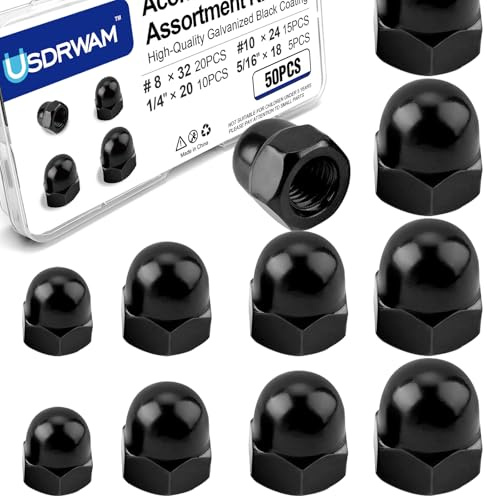 50Pcs 4 Size #8-32#10-24 1/4-20 5/16-18 Acorn Cap Nuts Assortment Kit, Zinc Plating-Black Hex Head Acorn Cap Nuts, Stainless Steel 18-8 (304) Hexagon Dome for Indoor Outdoor