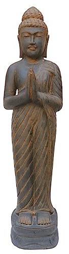 STONE art & more XL Stehende Buddha-Statue Begrüßung, 150 cm, Steinfigur, Steinmetzarbeit aus Lavastein (Basanit), braun antik patiniert, Garten-Deko, frostfest