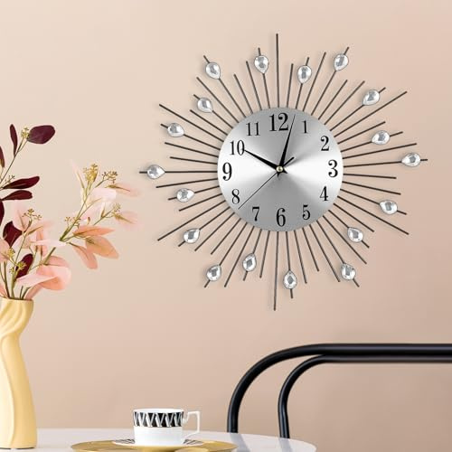 Youyijia 38cm Crystal Wall Clock for Living Room Battery Operated Silent Non-ticking Modern Clock for Bedroom Kitchen Home Decor Silver