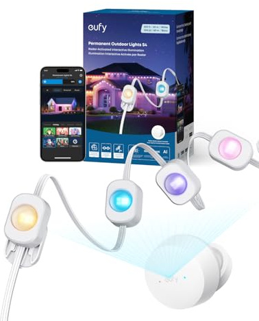 eufy Permanent Outdoor Lights S4, Radar-Activated, 200ft with 144 RGBWW LED String Lights for Daily, Accent and Christmas Decorations, AI Themes, Work Cams, Matter Support, IP67 Waterproof