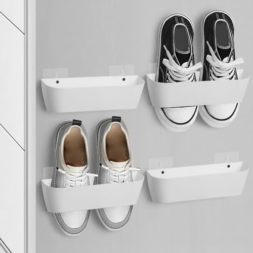 Gipnva 4Pcs Wall Mounted Shoes Rack, Folding Hanging Space Saver Shelf for Shoes Storage Rack, Motorhome Accessories Shoe Holder Hooks Self Adhesive or Drilling (White)