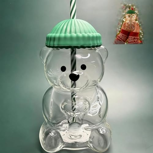 Tarange 2025 Bear Cup, 590 ml, Aus Klarglas, mit Strohhalm, Ergonomisch geformt für Kaffee, Milchtee, Saft und Trinkwasser (A 15cm)