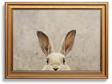 Gold Framed Easter Bunny Wall Art, Funny Rabbit Picture Wall Decor, Easter Decorations Home Decor, Cute Animal Oil Painting Canvas Prints, Vintage Artwork for Gifts Party Kids Room 8x10 inch