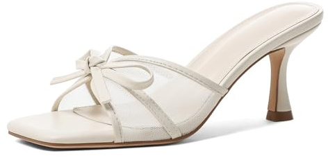 Marc Ford Womens Kitten Heels White Mesh Mules for Womens Open Square Toe Slip on Sandals with Bow Comfot Dressy Heels for Daily