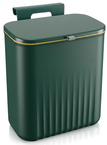 Kryndle Hanging Trash Bin, 10L Under Sink Bin with Cover | Comes with Two Hanging Accessories. Food Waste Caddy Fits Cabinet Doors, Kitchens, Bathrooms, Outdoor Camping, Green