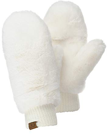 C.C Women's Faux Fur Wrist Length Fingerless Sherpa Lined Convertible Mittens Gloves-Ivory