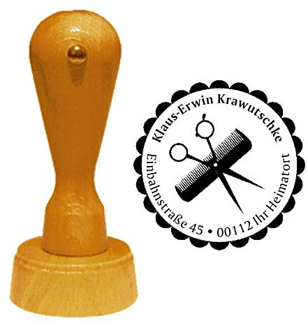 Stämpel adressstämpel Frisur 01 diameter ca Ø 40 mm – med personlig adress, motiv och dekorativ kant – yrkesfrisörsalong kam sax