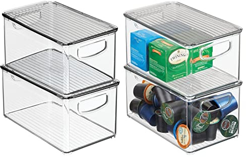 mDesign 4er-Set Aufbewahrungsbox mit Griffen – Kühlschrankbox mit Deckel zur Lebensmittelaufbewahrung – Ablage aus BPA-freiem Kunststoff für den Küchen- oder Kühlschrank – durchsichtig und grau