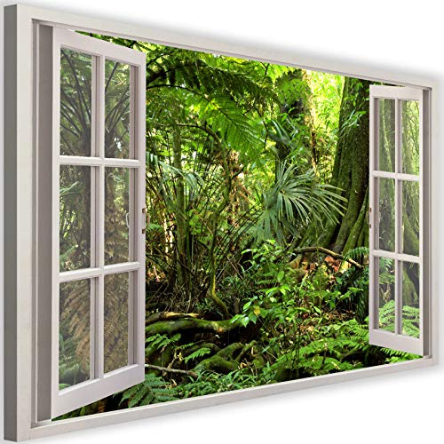 Feeby Cuadro en Lienzo XXL Vista de la Ventana 120x80 cm 1 Pieza Modernos Impresión Artística Imagen Decoración de Pared Salon Dormitorio Cocina Oficina Pasillo Bosque Verde