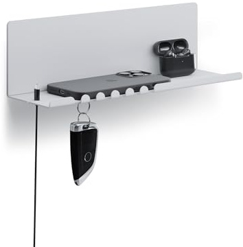 byde Helke - Mensola da Parete, 30 x 9 x 9 cm, 5 Ganci e Porta Cavi, In Lamiera di Acciaio Verniciato a Polvere, Organizer per Chiavi e Lettere per Ingresso, Corridoio, Cucina, Ufficio, Colore Grigio