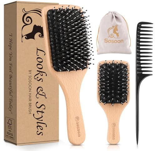 Hair Brush, 2 Pack Boar Bristle Paddle Hairbrush for Women Men Kids Reducing Frizzy, No More Tangle, Small Travel Brush Tail Comb & Giftbox Included
