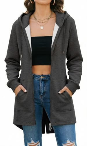 Tuopuda Damhuvtröja, jacka, extra stor dragkedja, vinterjacka, långärmad kappa, vinter, varm kofta, huvtröja, sweatshirt med huva, kofta, huvjacka med fickor, huvtröja, Mörkgrå, L