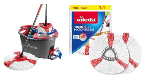 Vileda Turbo Sistema lavapavimenti rotante con secchio e pedale, Manico telescopico, Lavapavimenti con strizzatura a centrifuga, 3 Fiocchi 2in1 Microfibra rossa e bianca, 20% raccolta di sporco