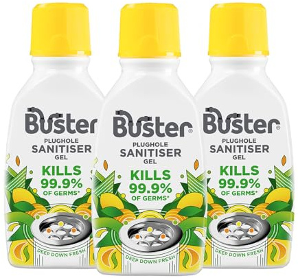 Buster Plughole Sanitiser Gel (Citrus - Pack of 3 x 300ml) Fast-Acting Sink and Drain Cleaner for Bad Smells and Stains, Kills 99.9% Germs on Drains & Stainless Steel Sinks, Fresh Scent - Made in UK