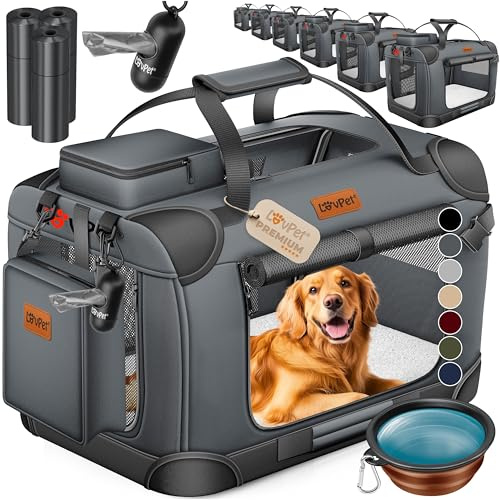 Lovpet® Transportín para perros, plegable, incluye cuenco para alimento, tamaño XL: 81,3 x 58,4 x 58,4 cm, caja de transporte para mascotas, perros y gatos, antracita