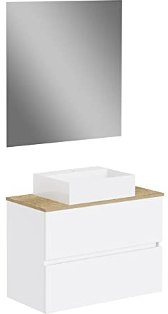 Baikal Conjunto de baño Natura. Mueble de Baño de Fondo Reducido, con Lavabo cerámico sobre Encimera. Mueble Suspendido. Mueble MONTADO. Dos Cajones con Espejo 70 cm Fondo de 39cm