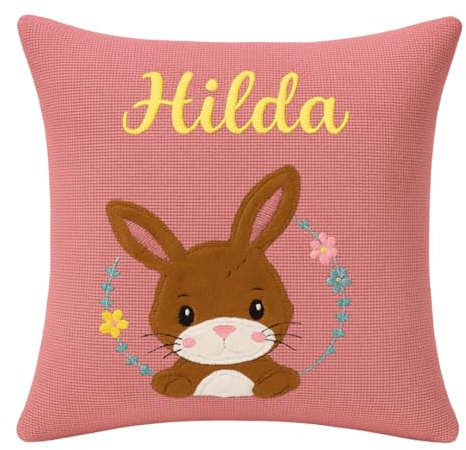 Almstuebchen Personalisiertes Kissen Kinder mit Tiermotiv – Handgemacht – Namenskissen Baby aus 100% Baumwolle – Dekokissen Kinderzimmer – Geschenk zur Geburt Taufe – 40x40 cm