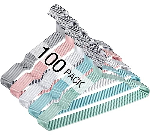 Wesiti 100 Pcs Metal Wire Non Slip Hangers for Clothes Space Saving Hanger Strong 15.7 in Triangle Clothes Coat Suit Bridal Boutique Dress for Closet Dorm Rack(Colorful)