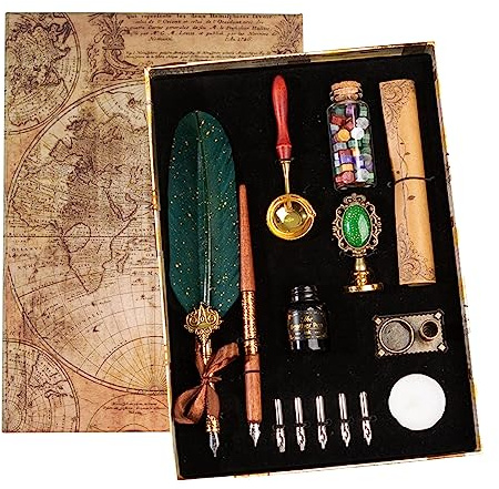 Joyeee Set di inchiostro per penna, include dip pen ink, pennino per calligrafia, timbro per cera, carta da scrittura, supporto per penna, scatola regalo squisita per uomini e donne