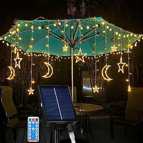 DINOWIN Solar Lichterketten Vorhang Aussen 138 LEDs Wasserdicht Sterne Mond LED Lichterkette mit Fernbedienung 8 Modi Lichtervorhang für Garten Pavillon Weihnachten Hochzeit Party (Warmweiß)