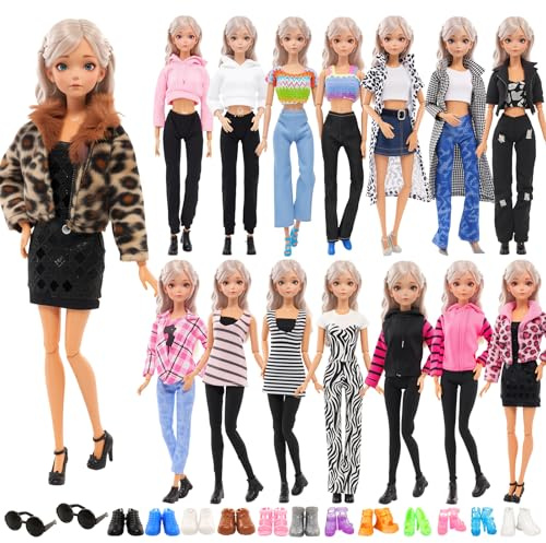 Miunana 17 Fashion Puppenkleidung Kleidung Kleider Outfits für 30cm Puppen | 5 Modische Bekleidung 10 Schuhe 2 Sonnenbrillen Puppenkleider Puppenzubehör Zubehör für 11,5 Zoll Puppen Mädchen Geschenk