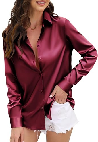 CUNLIN Womens Soft Satin Silk Leopard Button Down Shirts for Women Silky Long Sleeve Work Shirt Dress Blouses Tops, 935_Wine Red, XL