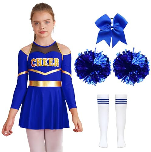 MSemis Kinder Mädchen Cheer Leader Cheerleading Kostüm Uniform Karneval Fasching Party Halloween Kostüm Kleid 2 Pompoms und Socken Bowknot EIN blaues 146-152