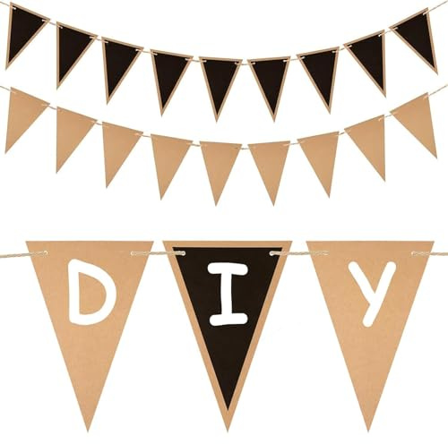 jijAcraft 25PCS Black Pennant Flags, 16 Feet Pre-Strung Kraft Card Bunting Banner, Black and Brown Kids' Party Garlands, Pennant Flags for Birthday Party and Classroom Chalkboard Bunting