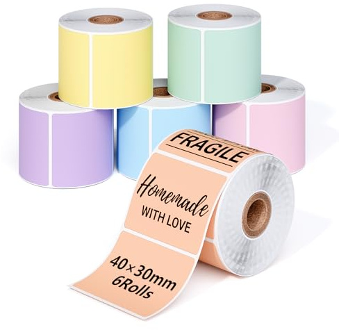 Phomemo 6 rullar färgade etiketter M110 självhäftande etiketter – 40 x 30 mm (1,57 tum x 1,18 tum), kompatibel med Phomemo M110 M120 M220 M221 M108 M102 M100 M150 M250 M260 etiketteringsmaskin, 230