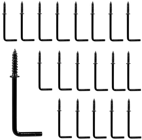Auvotuis L-Schraubhaken, 5,1 cm, L-förmige Metallhaken, quadratisch, gebogen, schwarz, rechtwinklig, L-Haken zum Aufhängen, 20 Stück
