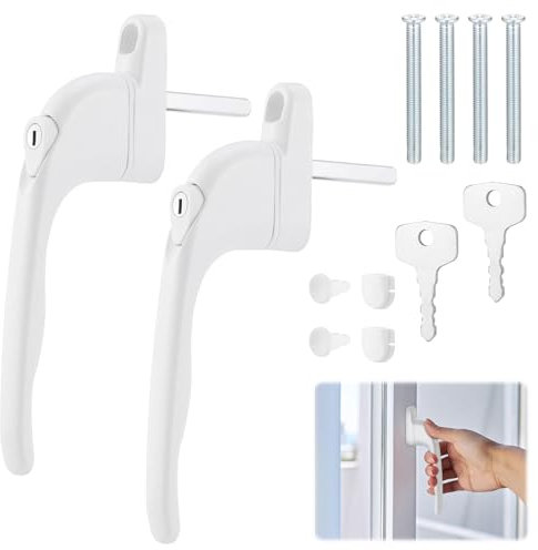 JIZZU 2PCS Window Handles for UPVC Windows, UPVC Window Handle with Key, White Window Handle Replacement, Lockable Universal Window Handle for UPVC Windows, Inline Locking Universal Window Handles
