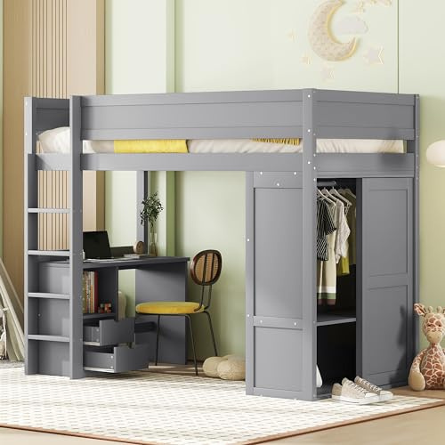 WIZBED Hochbett mit Schreibtisch und Schrank 90x200, Etagenbett mit Kleiderschrank, Schubladen, Kinderbett Bettgestell Einzelbett Funktionsbett, Grau ohne Matratze