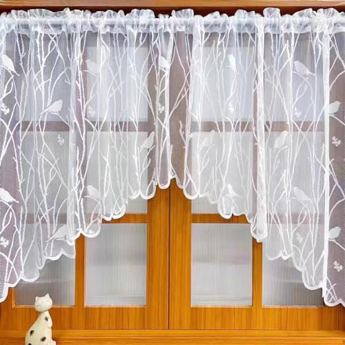Sarah Duke Gardine Vorhang Scheibengardine Blumen und Vögel Gardinen, Landhausstil Bistrogardine Transparent Vorhänge, Kurzgardinen für Cafe Fensterdeko (Weiß,150x90cm (BxH))