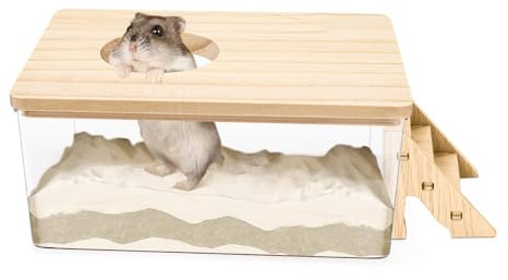 Hamster Sandbad, Pentagon Hamster Sandbad Behälter mit Kletterleiter, Groß Acryl Hamster Grabbox mit Holzabdeckung, Sandbad für Hamster Kleintiere