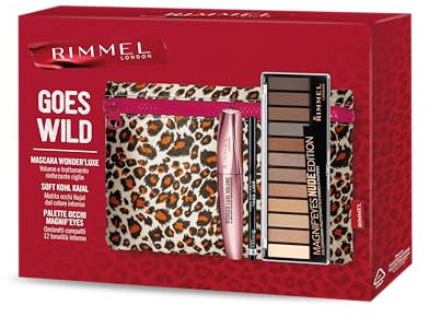 Rimmel London, Cofanetto Regalo Donna Rimmel Goes Wild, Pochette Leopardata con Mascara Wonder’Luxe + Matita Occhi Soft Kohl Kajal Jet Black + Palette Occhi Magnif'eyes Nude