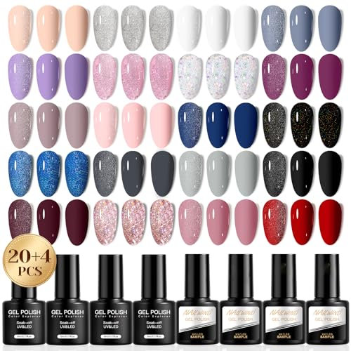 NAILWIND UV Nagellack Set, 24 Stück Mini Gel Nagellack Nude Weiß Lila Rosa Grau Glitzerfarbe Gelnägel, Soak-Off UV Gel Nail Polish für Nagel Design Geschenk