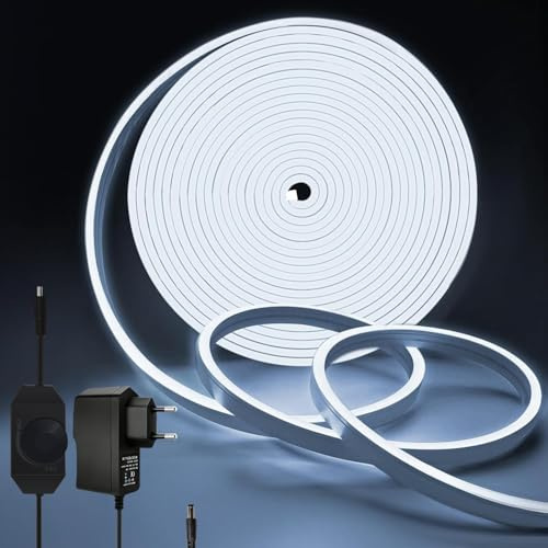 Meevt Striscia LED Neon 10M, 24V Strisce LED Bianco Fredda 6000K Esterno | 120LEDs/m, IP65, Silicone Flessibile, Dimmer Rotativo, Pieghevole a 360°, Luci LED Scale Cucina DIY Interno Esterno
