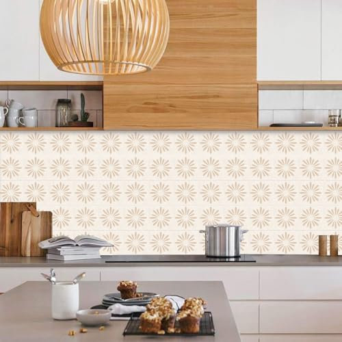Fliesenaufkleber Beige Blume PVC Klebefliesen Küche,Wasserfest Fliesenaufkleber Bad,DIY Selbstklebende Fliesen Für Bad & Küche,Fliesensticker Für Küchenrückwand 24 Stück(20x20cm)