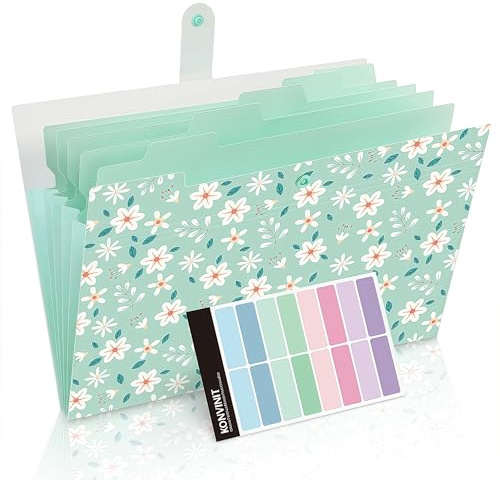KONVINIT Dokumentenmappe - Fächermappe a4 Document Organizer Mappe mit 5 Fächern Große Kapazität Blumenmuster Sortiermappe mit Farbetiketten Organizer Folder,Aesthetic Schulsachen
