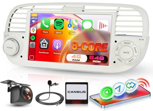 8 Core 4G+64G Car Radio Stereo for Fiat 500 2007-2015 5GWifi DSP | Hodozzy 7 HD Touchscreen Fiat 500 Radio with Wireless Carplay Android Auto BT 5.0 GPS FM/RDS Splitscreen SWC Reverse Camera