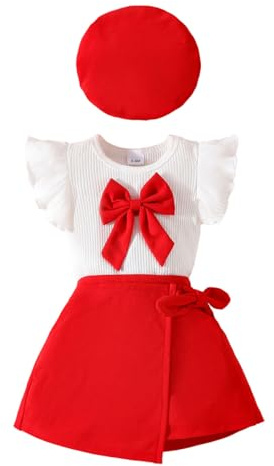 HEOXIN Baby Mädchen Röcke Kleidung Set, Neugeborene Baby Fliegend Ärmel Groß Schleifenknoten Dekoration Bekleidungssets, Baby Klamotten Rot Dehnbar Elastic Rock Baby Mütze Outfit Set, 2-3 Jahre