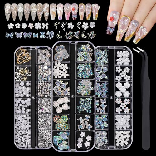 3D Nail Charms, VEGCOO 3 Boxes Nail Art Gems Crystals Rhinestones Pearls Charms Nail Stuff with Tweezers, Flowers Bows Aurora Bear Butterfly Nail Art Charms for DIY Manicure Nail Art Decoration Design