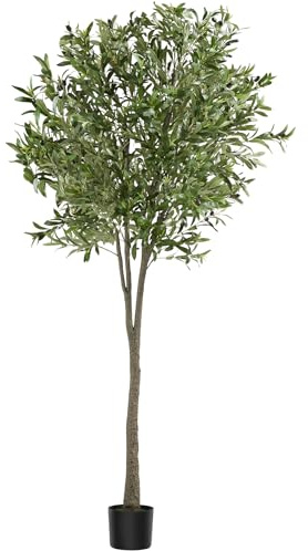 tectake® Albero di Ulivo Artificiale, Foglie Dettagliate con Olive Realistiche, Vaso Stabile in Plastica, Decorazione per Soggiorno, Ufficio e Interni, Facile da Pulire - 210 cm