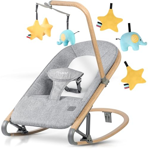 Nukido Babywippe Baby Wippe Babyschaukel Babyliege Bis 9 kg 2in1 Montessori Spielzeug Klappbar Kompakt Metallrahmen Sicherheitsgurte Verstellbar Grau